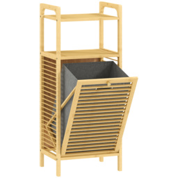 HOMCOM Bamboo Laundry Cabinet with Slatted Door, Bathroom Cabinet with Tilt-Out Hamper and Removable Liner Bag, 40 x 30D x 95 cm, Natural Wood Finish - thumbnail 1