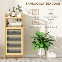 HOMCOM Bamboo Laundry Cabinet with Slatted Door, Bathroom Cabinet with Tilt-Out Hamper and Removable Liner Bag, 40 x 30D x 95 cm, Natural Wood Finish - thumbnail 6