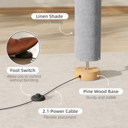 HOMCOM LED Floor Lamp for Living Room, 120cm Modern Standing Lamp with 3000K/4500K/6500K Colour Temperatures, Linen Shade and Wooden Base, Grey - thumbnail 5