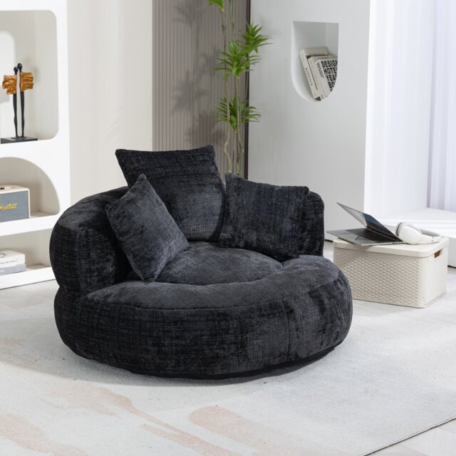 Luxurious Bean Bag Chair with 3 Pillows, Memory Foam Filling, Chenille Fabric, Lazy Sofa with High Back Design, 108L x 108W x 52H cm, Black - Aosom UK - image 1