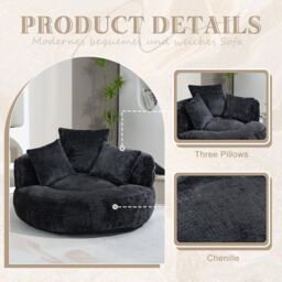 Luxurious Bean Bag Chair with 3 Pillows, Memory Foam Filling, Chenille Fabric, Lazy Sofa with High Back Design, 108L x 108W x 52H cm, Black - Aosom UK - thumbnail 6