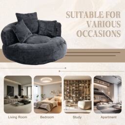Luxurious Bean Bag Chair with 3 Pillows, Memory Foam Filling, Chenille Fabric, Lazy Sofa with High Back Design, 108L x 108W x 52H cm, Black - Aosom UK - thumbnail 8