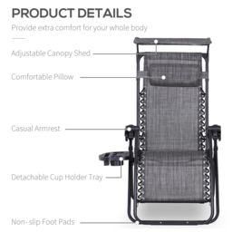 Outsunny 2 Piece Foldable Reclining Garden Chair with Headrest, Zero Gravity Deck Sun Lounger Seat Chair w/ Footrest, Armrest, Cup Holder - Aosom UK - thumbnail 4