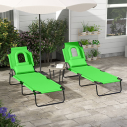 Outsunny Foldable Sun Lounger Duo, Adjustable 4-Level Backrest, Comfort Pillow & Reading Slot, Easy Storage, Vibrant Green - Aosom UK - thumbnail 2