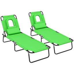 Outsunny Foldable Sun Lounger Duo, Adjustable 4-Level Backrest, Comfort Pillow & Reading Slot, Easy Storage, Vibrant Green - Aosom UK - thumbnail 1