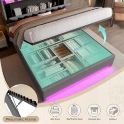Hydraulic Storage Bed Frame with LED Lighting and USB Type-C Charging, Stylish Bed with Open Shelf, 158L x 221W x 116.5H cm, Dark Gray - Aosom UK - thumbnail 5