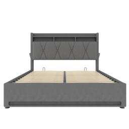 Hydraulic Storage Bed Frame with LED Lighting and USB Type-C Charging, Stylish Bed with Open Shelf, 158L x 221W x 116.5H cm, Dark Gray - Aosom UK - thumbnail 2