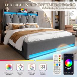 Hydraulic Storage Bed Frame with LED Lighting and USB Type-C Charging, Stylish Bed with Open Shelf, 158L x 221W x 116.5H cm, Dark Gray - Aosom UK - thumbnail 4