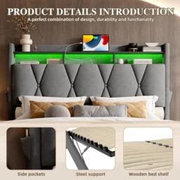 Hydraulic Storage Bed Frame with LED Lighting and USB Type-C Charging, Stylish Bed with Open Shelf, 158L x 221W x 116.5H cm, Dark Gray - Aosom UK - thumbnail 6