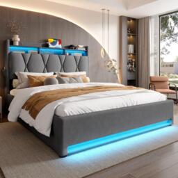 King Size Ottoman Bed Frame with LED Lighting and USB Type-C Charging, Double ottoman bed with Open Shelf, Dark Gray - Aosom UK