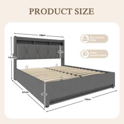 Hydraulic Storage Bed Frame with LED Lighting and USB Type-C Charging, Stylish Bed with Open Shelf, 158L x 221W x 116.5H cm, Dark Gray - Aosom UK - thumbnail 3
