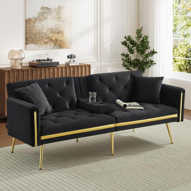Two-Seater Convertible Sofa Bed with  Adjustable Backrest, Space-Saving Sleeper Sofa with High-Density Foam, 174L x 76W x 71.5H cm, Black - Aosom UK - image 1