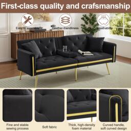 Two-Seater Convertible Sofa Bed with  Adjustable Backrest, Space-Saving Sleeper Sofa with High-Density Foam, 174L x 76W x 71.5H cm, Black - Aosom UK - thumbnail 6