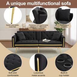 Two-Seater Convertible Sofa Bed with  Adjustable Backrest, Space-Saving Sleeper Sofa with High-Density Foam, 174L x 76W x 71.5H cm, Black - Aosom UK - thumbnail 7