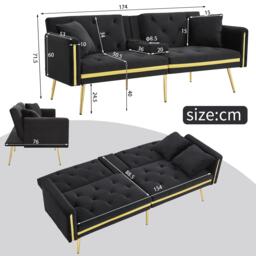 Two-Seater Convertible Sofa Bed with  Adjustable Backrest, Space-Saving Sleeper Sofa with High-Density Foam, 174L x 76W x 71.5H cm, Black - Aosom UK - thumbnail 3