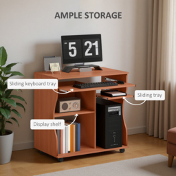 HOMCOM Computer Desk on Wheels, Movable Workstation with Sliding Keyboard Tray, Storage Shelves, 80x48x76cm - Aosom UK - thumbnail 4