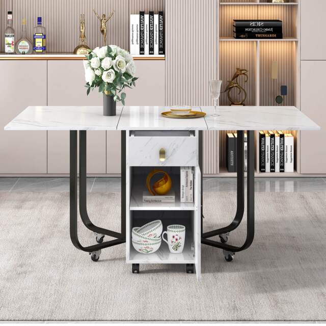 Folding Dining Table with Drawers and Storage Space, Moeden Extension Table with 3 Folding Modes for Dinning Room - Aosom UK - image 1