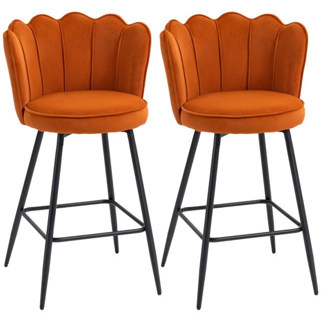HOMCOM Set of Two Velvet-Feel Lotus Bar Stools - Orange - image 1