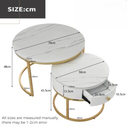 Round Nesting Coffee Tables with Drawer, Set of 2 with Storage, Gold Metal Frame and Marble Pattern Top for Living Room and Office, White - Aosom UK - thumbnail 3
