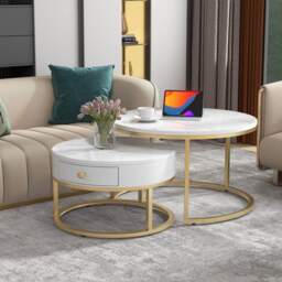 Round Nesting Coffee Tables with Drawer, Set of 2 with Storage, Gold Metal Frame and Marble Pattern Top for Living Room and Office, White - Aosom UK