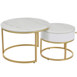 Round Nesting Coffee Tables with Drawer, Set of 2 with Storage, Gold Metal Frame and Marble Pattern Top for Living Room and Office, White - Aosom UK - thumbnail 2