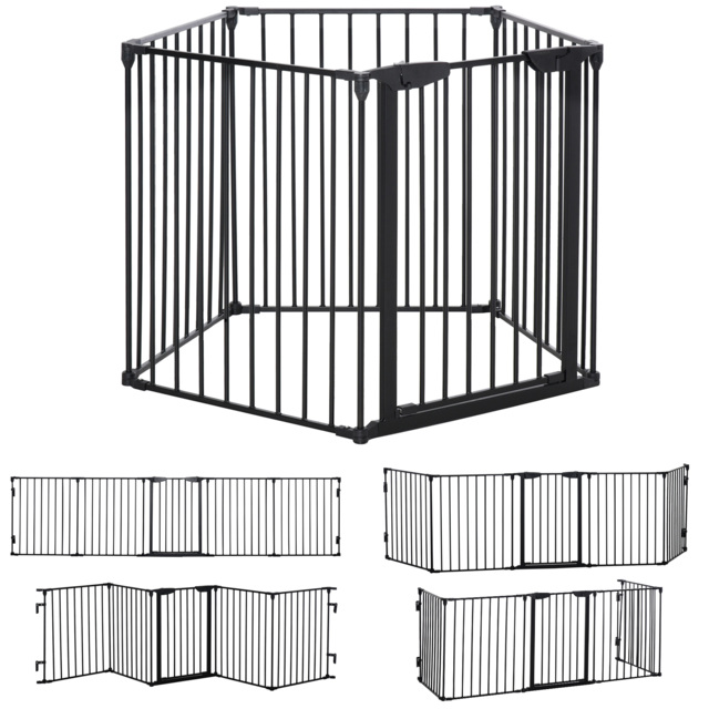 PawHut Stair Gate Dog Pens Pet PlayPen 5-Panel Freestanding Fireplace Christmas Tree Metal Fence Stair Barrier Room Divider w/ Door - Aosom UK - image 1