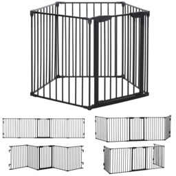 PawHut Stair Gate Dog Pens Pet PlayPen 5-Panel Freestanding Fireplace Christmas Tree Metal Fence Stair Barrier Room Divider w/ Door - Aosom UK