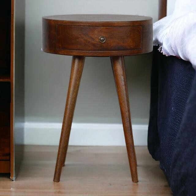 Solid Wood Nordic Circular Bedside Table with Natural Grain and Drawer, Handcrafted Desk with Easy Assembly, 40L x 40W x 56H cm, Brown - Aosom UK - image 1
