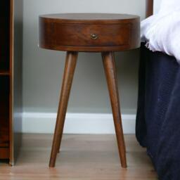 Solid Wood Nordic Circular Bedside Table with Natural Grain and Drawer, Handcrafted Desk with Easy Assembly, 40L x 40W x 56H cm, Brown - Aosom UK - thumbnail 1