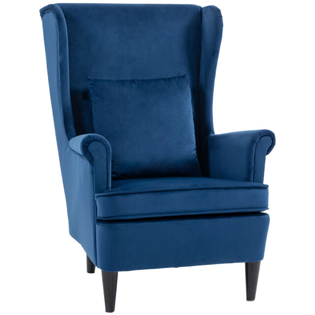 HOMCOM Modern Accent Chair with High Backrest and Pillow, Velvet-Feel Fabric Reading Chair with Solid Wood Legs, Blue - image 1