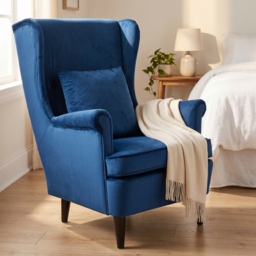 HOMCOM Modern Accent Chair with High Backrest and Pillow, Velvet-Feel Fabric Reading Chair with Solid Wood Legs, Blue - thumbnail 6