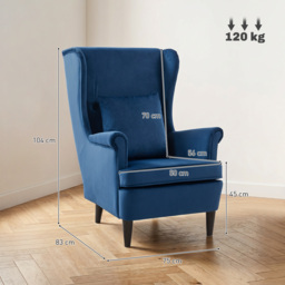 HOMCOM Modern Accent Chair with High Backrest and Pillow, Velvet-Feel Fabric Reading Chair with Solid Wood Legs, Blue - thumbnail 3