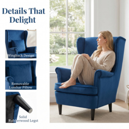 HOMCOM Modern Accent Chair with High Backrest and Pillow, Velvet-Feel Fabric Reading Chair with Solid Wood Legs, Blue - thumbnail 5