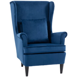 HOMCOM Modern Accent Chair with High Backrest and Pillow, Velvet-Feel Fabric Reading Chair with Solid Wood Legs, Blue - thumbnail 1