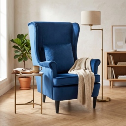 HOMCOM Modern Accent Chair with High Backrest and Pillow, Velvet-Feel Fabric Reading Chair with Solid Wood Legs, Blue - thumbnail 8