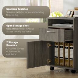 HOMCOM 60cm Filing Cabinet with Drawer, Open Shelf, Metal Handles and 4 Wheels, Office Home Organiser Mobile Printer, Grey - thumbnail 4