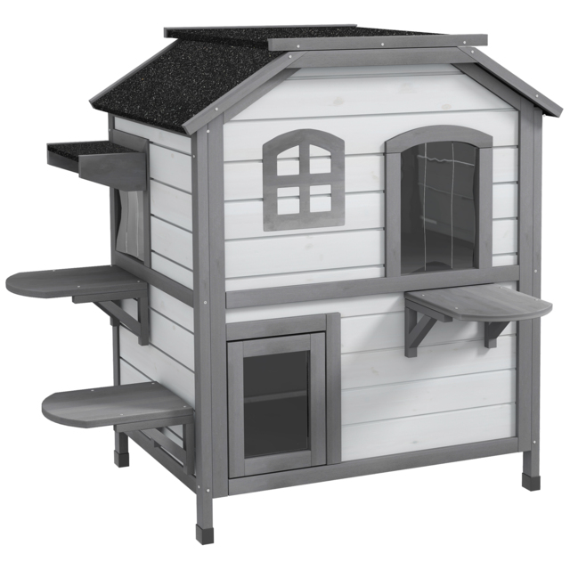 PawHut 2-Storey Indoor or Outdoor Wooden Cat Enclosure Kitty Shelter with Escape Door, Openable Weatherproof & Waterproof Roof, White - Aosom UK - image 1