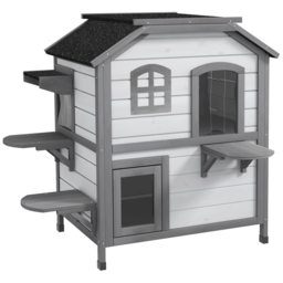 PawHut 2-Storey Indoor or Outdoor Wooden Cat Enclosure Kitty Shelter with Escape Door, Openable Weatherproof & Waterproof Roof, White - Aosom UK - thumbnail 1