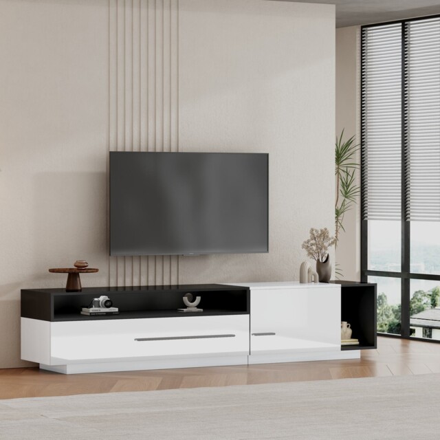 TV Unit with Storage, Modern TV Stand with Waterproof and Scratch-resistant Surface, Up 70in TV Size White+Black - Aosom UK - image 1