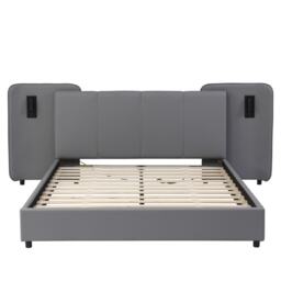 Upholstered Double Bed with Charging Port and Lighting, Full-Size Bed with Impact-Resistant Sponge Padding, 209L x 221W x 86.5H cm, Grey - Aosom UK - thumbnail 2