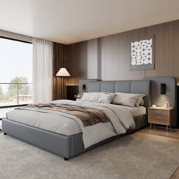 Upholstered Double Bed with Charging Port and Lighting, Full-Size Bed with Impact-Resistant Sponge Padding, 209L x 221W x 86.5H cm, Grey - Aosom UK - thumbnail 1