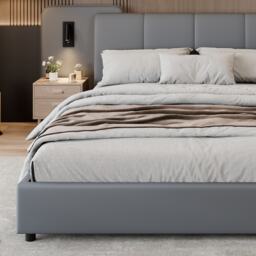 Upholstered Double Bed with Charging Port and Lighting, Full-Size Bed with Impact-Resistant Sponge Padding, 209L x 221W x 86.5H cm, Grey - Aosom UK - thumbnail 9