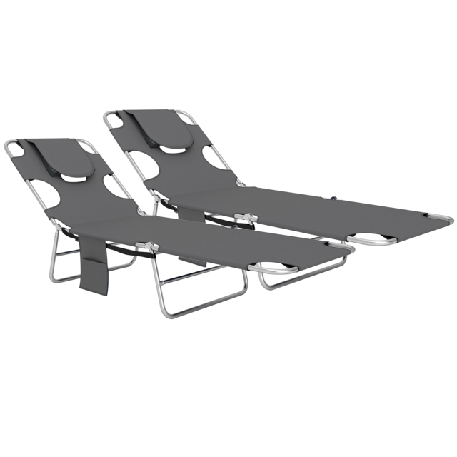 Outsunny Foldable Sun Lounger Set of 2, Beach Chaise Lounge with Reading Hole, Arm Slots, 5-Position Adjustable Backrest, Side Pocket, Pillow for Garden, Beach, Pool, Dark Grey - image 1