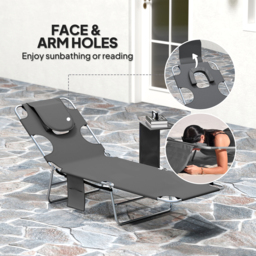 Outsunny Foldable Sun Lounger Set of 2, Beach Chaise Lounge with Reading Hole, Arm Slots, 5-Position Adjustable Backrest, Side Pocket, Pillow for Garden, Beach, Pool, Dark Grey - thumbnail 5