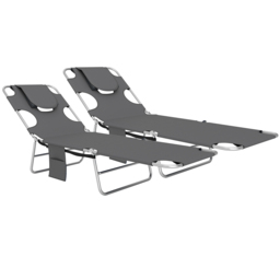 Outsunny Foldable Sun Lounger Set of 2, Beach Chaise Lounge with Reading Hole, Arm Slots, 5-Position Adjustable Backrest, Side Pocket, Pillow for Garden, Beach, Pool, Dark Grey - thumbnail 1
