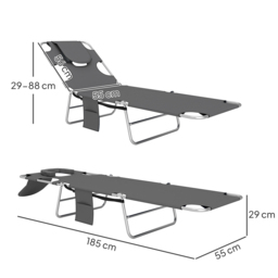 Outsunny Foldable Sun Lounger Set of 2, Beach Chaise Lounge with Reading Hole, Arm Slots, 5-Position Adjustable Backrest, Side Pocket, Pillow for Garden, Beach, Pool, Dark Grey - thumbnail 3