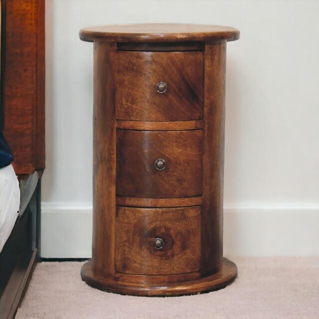 Solid Wood Mini Drum Chest with 3 Smooth-Gliding Drawers, Handcrafted Bedside Table with Stain-Based Finish, 32L x 32W x 50H cm, Brown - Aosom UK - image 1