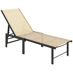 Outsunny Sun Lounger for Garden, 5-Level Adjustable Reclining Sun Lounger Chair, Flat Garden Lounger Sunbed with Texteline Seat, Steel Frame for Patio, Beach, Khaki - thumbnail 1