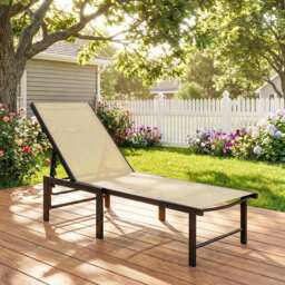 Outsunny Sun Lounger for Garden, 5-Level Adjustable Reclining Sun Lounger Chair, Flat Garden Lounger Sunbed with Texteline Seat, Steel Frame for Patio, Beach, Khaki - thumbnail 2