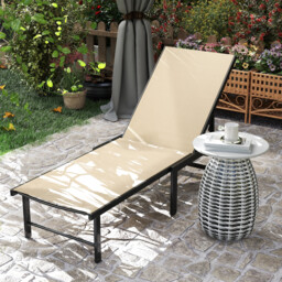 Outsunny Sun Lounger for Garden, 5-Level Adjustable Reclining Sun Lounger Chair, Flat Garden Lounger Sunbed with Texteline Seat, Steel Frame for Patio, Beach, Khaki - thumbnail 8